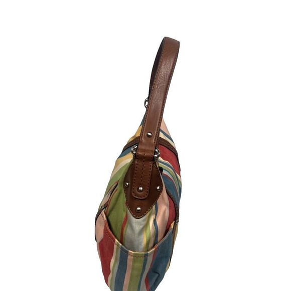 Fossil Purse Womens M Multi Striped Fabric & Leather Shoulder Bag Boho Festival - Picture 4 of 11